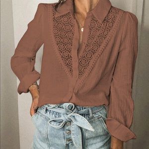 Womens Floral Lace Hollowed out Crinkled Shirt.